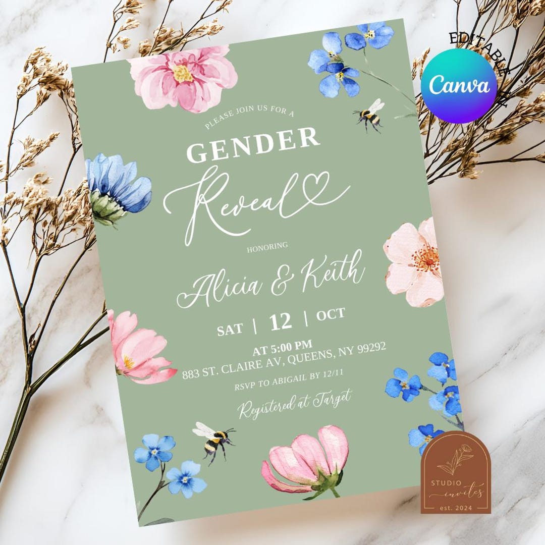 Sage Green Wildflower Gender Reveal Invitation, Spring Garden Bee ...