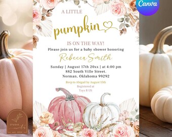 Boho pink pumpkin girl baby shower invitation, a little pumpkin is on the way shower, pink boho floral pampas grass baby shower invite C54