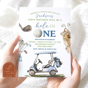 Editable blue boy golf birthday invitation, kid's hole in one first birthday party, golf stick and golf cart 1st birthday invite C42