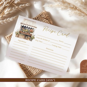 Cartes de recettes fraîches du marché, carte de menu du marché de producteurs, carte de recette simple et minimaliste, recettes du marché aux fleurs pour la future mariée C38