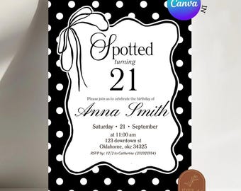 Invitation d'anniversaire « 21 ans » à pois noirs et blancs, modèle Canva modifiable et élégant (C267)