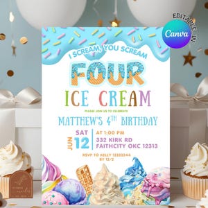 Puede incluir: Una invitación de cumpleaños con temática de helados con el texto "I Scream, You Scream FOUR ICE CREAM". La invitación incluye los detalles del cumpleaños, la fecha, la hora y la información de RSVP. El diseño presenta ilustraciones de helados.