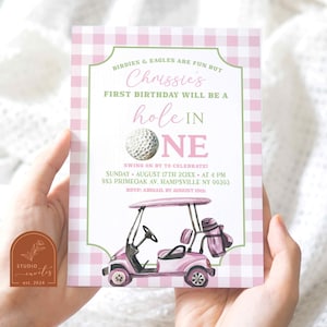 Editable pink preppy girl's first birthday invitation, pink checkboard golf birthday party, pink golf cart girls 1st birthday invite C42