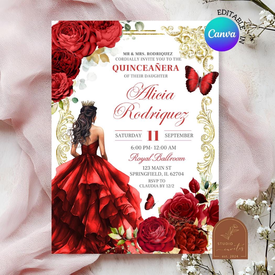 エレガントなレッド ローズ ロイヤル プリンセス キンセアニェーラの招待状、花柄の赤い蝶キンセアニェーラの招待状、ゴールド クラウン ミス キンセ  ティアラ XV の招待状 A22 - Etsy 日本, image size:1050x1050