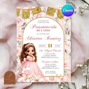 Puede incluir: Invitación rosa y dorada para la presentación de una niña de tres años. El diseño presenta una niña de dibujos animados con un vestido rosa, detalles florales y decoraciones de pancartas doradas. Incluye detalles del evento.