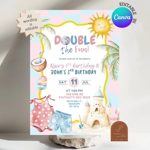 May include: A colourful beach-themed invitation with the text "Double the Fun!" and details for a birthday celebration. The design features a smiling sun, a sandcastle, and illustrations of swimwear and a coconut drink. The text "All wording is editable" is also included.