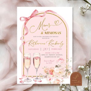 Rosa Schleife Muttertag Brunch-Einladung, Blumenmütter und Mimosen Brunch, Muttertag Brunch und sprudelnde Einladung, Champagner-Brunch C87