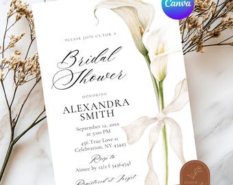 White Calla Lily Bridal Shower Invitation Invitation, Editable Canva Template Floral Bridal Shower Printables (Digital Download) C247