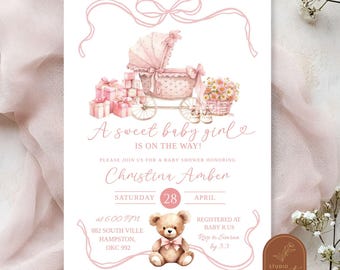 Pink Coquette Sweet Girl Baby Shower Invite, Vintage Baby Carriage Baby Shower invite, Pink Floral Bow Brown Bear Baby Shower Invite WZ20