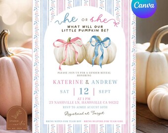Grandmillenial Bow Preppy Pumpkin Gender Reveal Invitation, What Will Our Pumpkin Be Gender Reveal Invite, Canva Editable Gender Reveal C167