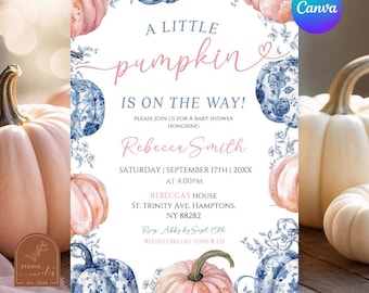 Little Pumpkin Is On The Way Toile Baby Shower, Blue Chinoiserie and Pink Pumpkin Baby Shower, Pumpkin Fall Girl Baby Shower Invitation C62
