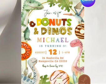 May include: A colorful invitation for a birthday party with the theme "Donuts & Dinos". The design features watercolor illustrations of dinosaurs, donuts, and tropical leaves. The text includes the name "Michael", the age "3", and the date August 12.