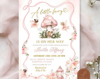 Rosa Schleife Fee-Babyparty-Einladung, verzauberte Wald Wildblumen Fee Baby Mädchen, magische Garten Schmetterling Mädchen-Babyparty G2F