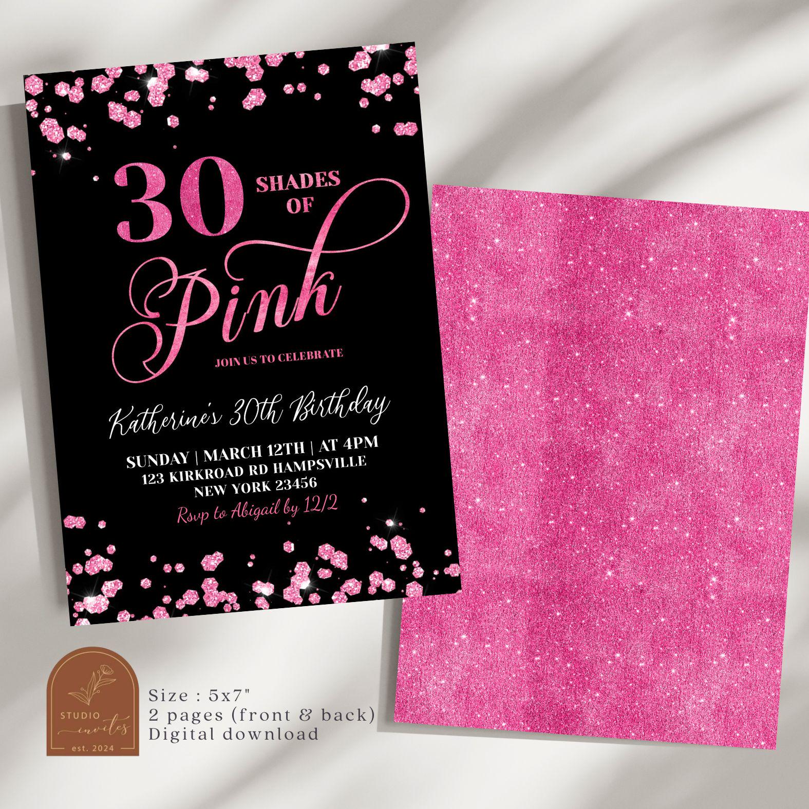 Shades of Pink 30th Birthday Invitation, Black and Pink Glitter Woman ...