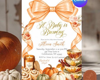 Invitation pour une fête prénatale « Bébé en préparation », invitation pour un goûter d'automne avec nœud orange, modèle Canva modifiable C83