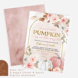 May include: A 5x7 inch baby shower invitation card featuring a watercolor floral arrangement with pink and white roses, pampas grass, and two pumpkins. The text reads A sweet little PUMPKIN is on the way, honoring Rebecca Smith, with event details.