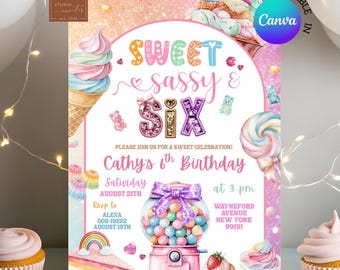 Invitación de cumpleaños número 6 con caramelos pastel y lentejuelas de colores, invitación de cumpleaños infantil dulce y atrevida para niños de seis años, invitación de cumpleaños para niña con postre editable en Canva C16