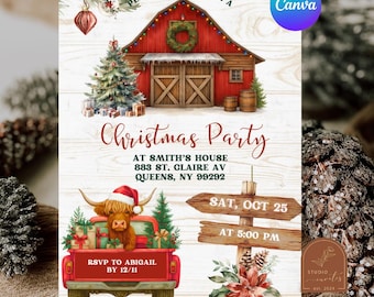 Puede incluir: Una invitación para fiesta de Navidad con un granero rojo, una corona, un árbol decorado y una vaca Highland en un camión rojo. El texto incluye: Please join us for a Christmas Party at Smith's House 883 St. Claire Av Queens, NY 99292, Sat, Oct 25, at 5:00 PM, RSVP to Abigail by 12/11.