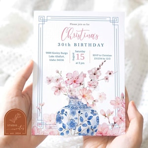 Editable Cherry Blossom Chinoiserie Birthday Invitation, Ginger Jar Floral Birthday Invite, Grandmillennial birthday party invitation C12