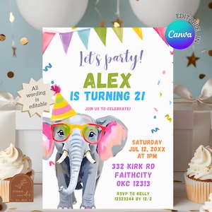May include: A birthday party invitation featuring a watercolor illustration of a gray elephant wearing glasses and a party hat. The invitation includes the text "Let's party! ALEX IS TURNING 2!" and event details.