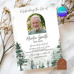 May include: A memorial card with the text "Celebrating the life of" and the name "Martin Smith". The card includes a photo of a man, event details, and a watercolor forest design. The Canva logo is visible.