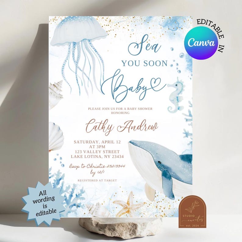 Zomer oceaan zee je binnenkort babyshower uitnodiging, nautische baby is onderweg babyshower uitnodigen, onder de zee dieren babyshower C128 afbeelding 1