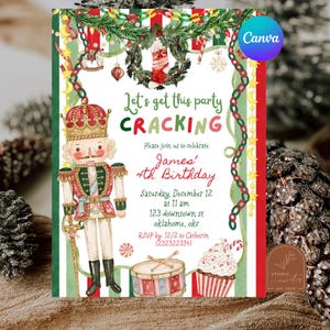 May include: A Christmas-themed birthday invitation card featuring a watercolor nutcracker, a drum, a cupcake, and a wreath. The text reads: Let's get this party CRACKING, Please join us to celebrate James' 4th Birthday, Saturday, December 12 at 11 am.