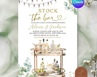 Minimalist stock the bar couples shower invitation, elegant gold greenery bridal shower, eucalpytus leaf cocktail couple shower invite C43