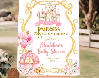 Sweet Little Princess Carriage Baby Shower Welcome Sign, Castle Crown Girl Baby Shower Poster, Floral Royal Princess Baloon Baby Girl C66