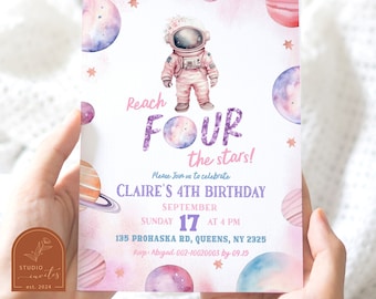 Reach Four The Stars 4th Birthday Girl Invitation, Outer Space Planets Astronaut Birthday, Modern Minimalist Birthday Girl Invitation C59