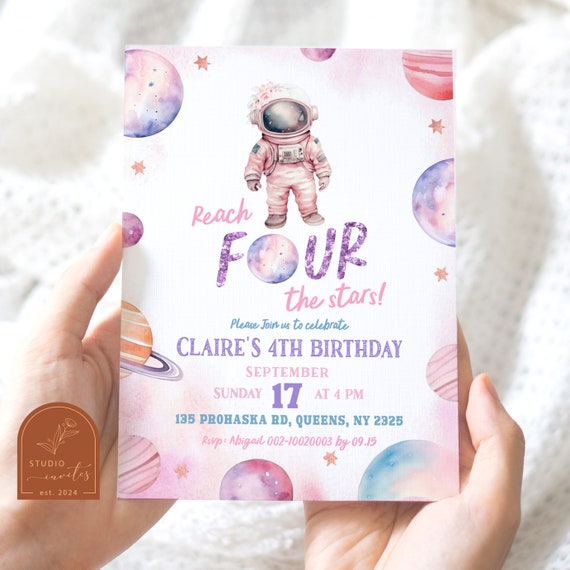 Reach Four The Stars 4th Birthday Girl Invitation, Outer Space Planets Astronaut Birthday, Modern Minimalist Birthday Girl Invitation C59
