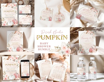 Boho Pink Pumpkin Baby Shower Bundle Set, Pink Pumpkin Floral Girl Baby Shower Invitation, Fall Pink Gold Pumpkin Bundle Set Baby Shower C54