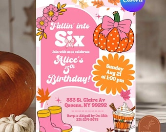 Invitation d'anniversaire automnale rétro citrouille, pour tous les âges, invitation à carreaux roses ondulés, modèle Canva modifiable à motifs floraux d'automne C263