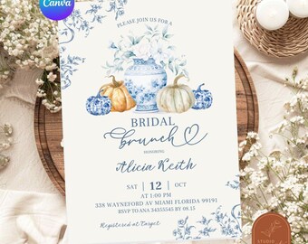 Fall Pumpkin Ginger Jar Chinoiserie Bridal Shower Invitation, Blue Chinoiserie Bridal Brunch Invitation, French Toile Bridal Shower C62