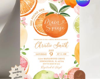 Modern main squeeze bridal shower invitation, she found her main squeeze oranges bridal party, citrus fruit summer bridal shower invite