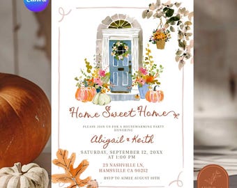 Hand Drawn Fall Autumn Housewarming Party Invitation, Pumpkin Home Sweet Home Invitation, Canva Editable Housewarming Party Invitation C170