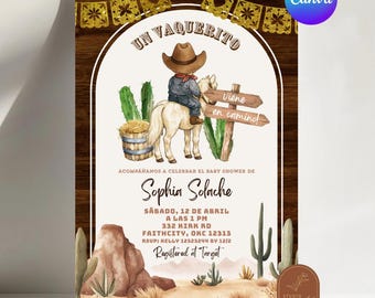 Spanish Mexican Wild West Cowboy Baby Shower Invitation, Un Vaquerito Viene en Camino Baby Shower, Canva Editable Rodeo Baby Shower C137