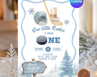 May include: A light blue hockey-themed birthday invitation with illustrations of a helmet, skate, hockey stick, and puck. The text reads "Our little Rookie is turning ONE" with event details and a request to RSVP.