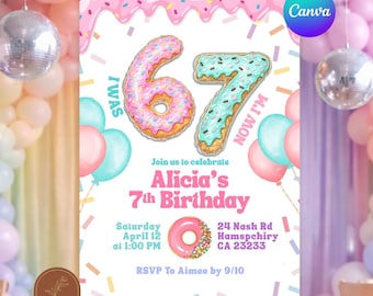 Bunte Einladung zum 67. Mädchengeburtstag mit Donut-Motiv, „Ich war 6, jetzt bin ich 7“-Geburtstagseinladung, bearbeitbare Canva-Vorlage für Kindergeburtstage (C195)