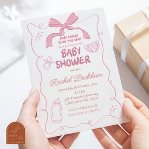 Pink Bow Hand Drawn Coquette Girl Baby Shower Invitation, Modern Pink Baby Shower Invitation, Boho Illustrated Baby Shower Invitation C56
