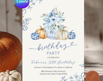 Fall Dusty Blue Pumpkin Birthday Invitation, Ginger Jar Dusty Blue Floral Chinoiserie Birthday Party, Blue Chinoiserie Adult Birthday C62