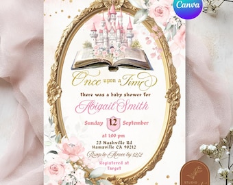 Blush Pink Storybook Baby Shower Invitation, Once Upon A Time Baby Shower Invite, Canva Editable Fairytale Kingdom Floral Baby Shower A6