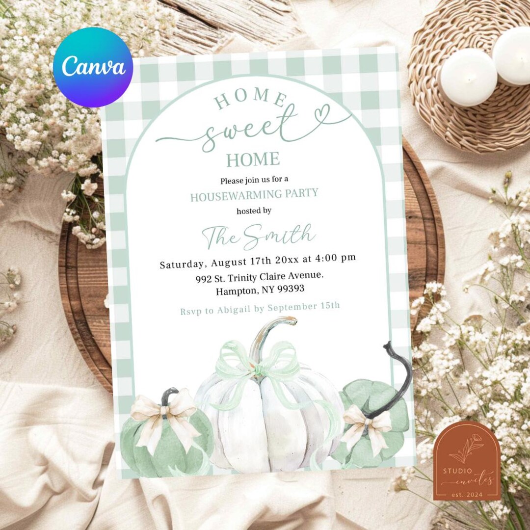 Plaid Sage Green Preppy Pumpkin Housewarming Party Invitation, Fall ...