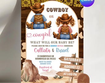 Rustic Western Cowboy or Cowgirl Gender Reveal Invitation, Wild West Gender Reveal Invite, Canva Editable Boy or Girl Gender Reveal C137