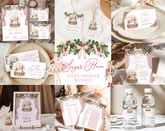 Coquette A Little Sugarplum Baby Shower Invitation Set, Christmas Nutcracker Girl Baby Shower Bundle Set, Editable Canva Baby Shower C274