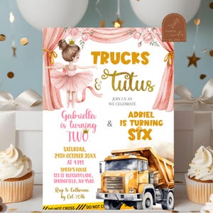 Trucks and Tutus Joint Birthday Invitation, Ballerina Construction Truck Double Birthday Invites, Truck Ballet Sibling Birthday Party C66