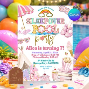 May include: A digital invitation for a sleepover pool party featuring a rainbow, a pink striped umbrella, a sleep mask, slippers, heart-shaped sunglasses, a teepee, a unicorn, an ice cream cone, popcorn, and pillows with text details.