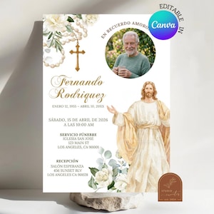 May include: A funeral invitation template featuring a circular photo of an older man, a watercolor illustration of Jesus, and a gold rosary. The text includes the name Fernando Rodriguez, dates, and service details in Spanish on a white background.