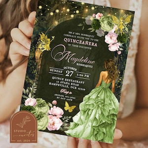 Pink Enchanted Garden Princess Quinceañera Invitation, Magical Forest Fairy Quince Invite, Gold Butterfly Mexican Mis Quince XV Invite C105
