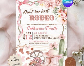 Aint Her First Rodeo Baby Sprinkle Invitation, Floral Pink Bow Coquette Cowgirl Baby Sprinkle Invite, Canva Editable Baby Sprinkle C137